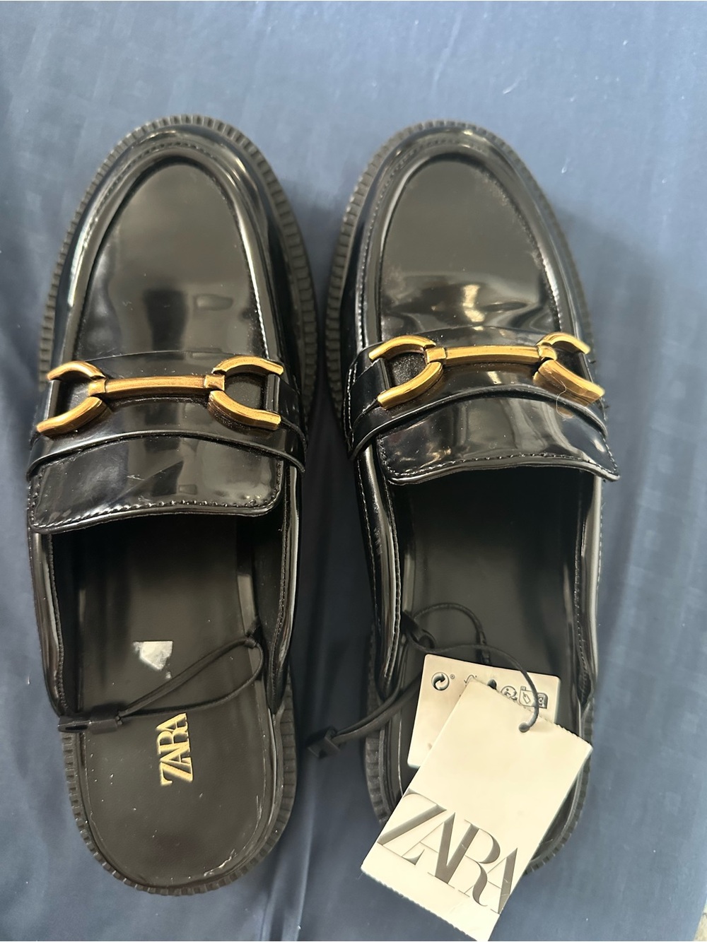 Zara Black Patent Loafers with Gold Bit Detail